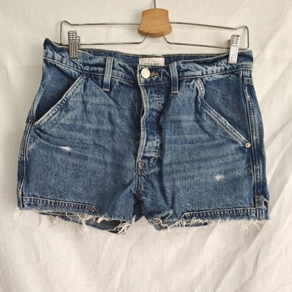 Frame Denim Le Slouch Cotton Blue Denim Shorts Button Fly 27 Cutoff Waterfall